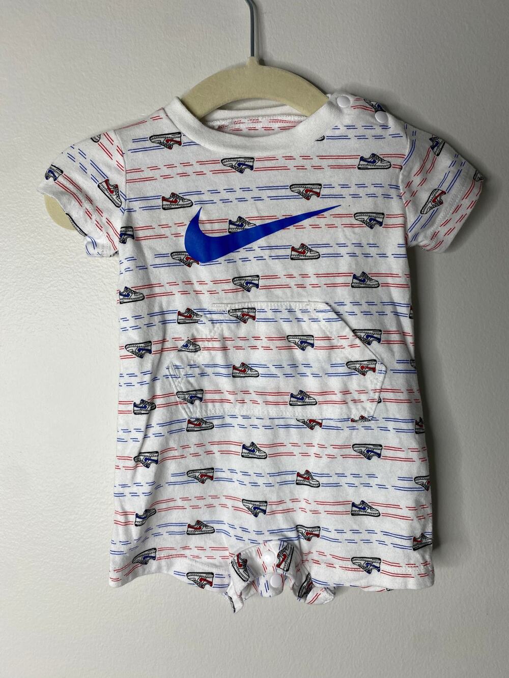 Nike Baby Boy Sneaker Print White Red Blue Shorts Onesie 3M